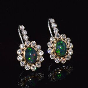 Certified Natural 4.52CTS VS F Diamond Black Opal 18K Solid Gold Halo Earrings